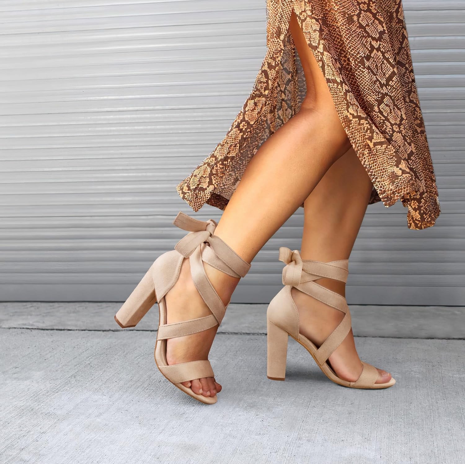 Strappy Heels for Women Chunky Heels High Heeled Sandals with Lace up Fahsion Casual Nude Block Heel Sandals,Ellery-Color-0