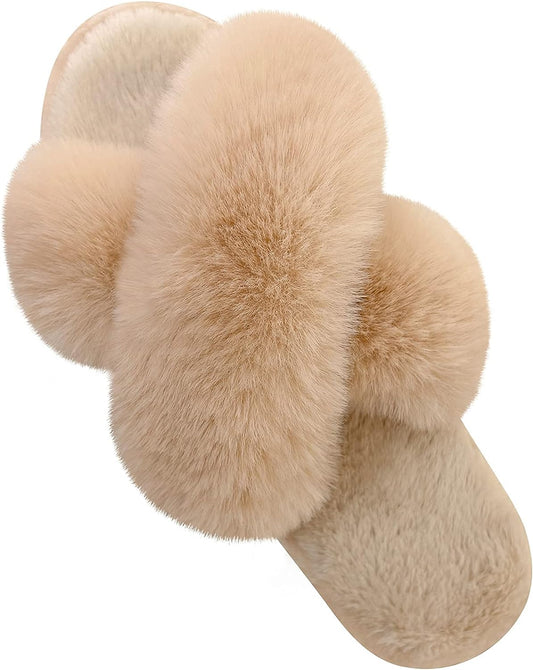 Women'S Cross Band Slippers Fuzzy Soft House Slippers Plush Furry Warm Cozy Open Toe Fluffy Home Shoes Comfy Indoor Outdoor Slip on Breathable