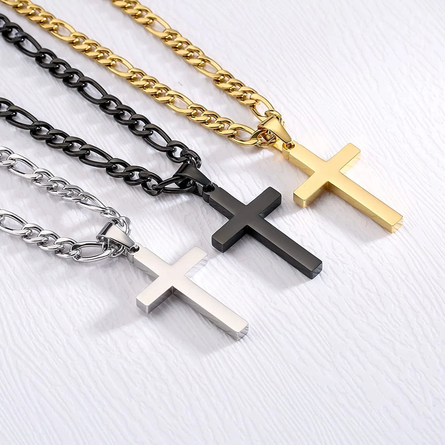 Layered Black Cross Necklace for Men Stainless Steel Cuban Figaro Layering Chains Cross Pendant Necklaces Set Religious Christian Jewelry Gifts